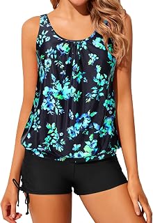 Yonique Blouson Tankini Swimsuits for Women 2 Piece Bathing Suits Tops with Boyshorts Modest Loose Fit Swimwear