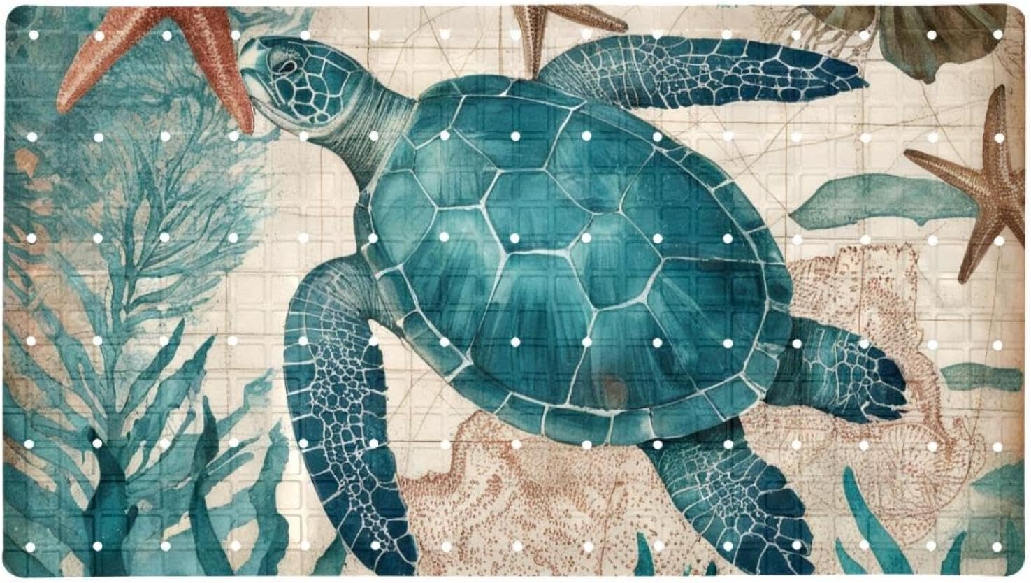 Bathtub Mats for Shower Tub, Anti-Slip Bath Mats for Inside Tub, Bathroom Shower Mats with Drain Holes and Suction Cups (Vintage Sea Turtle Starfish Turquoise and Teal Tones)