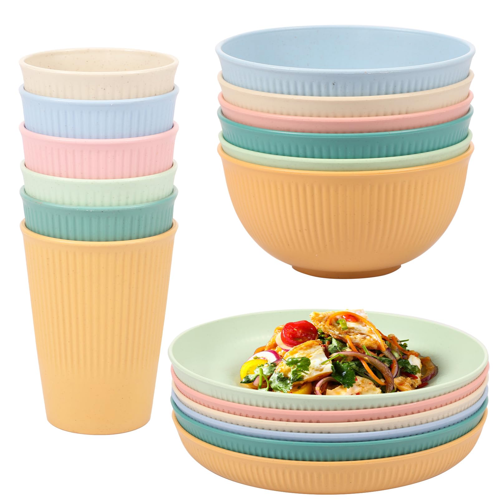 18Pcs Plastic Striped Camping Plates Bowls for Kids and Elderly, Reusable Stackable Picnic Cups Plates, Multipurpose Dishwasher Safe Dinnerware Set for Party Home(Mixed color)