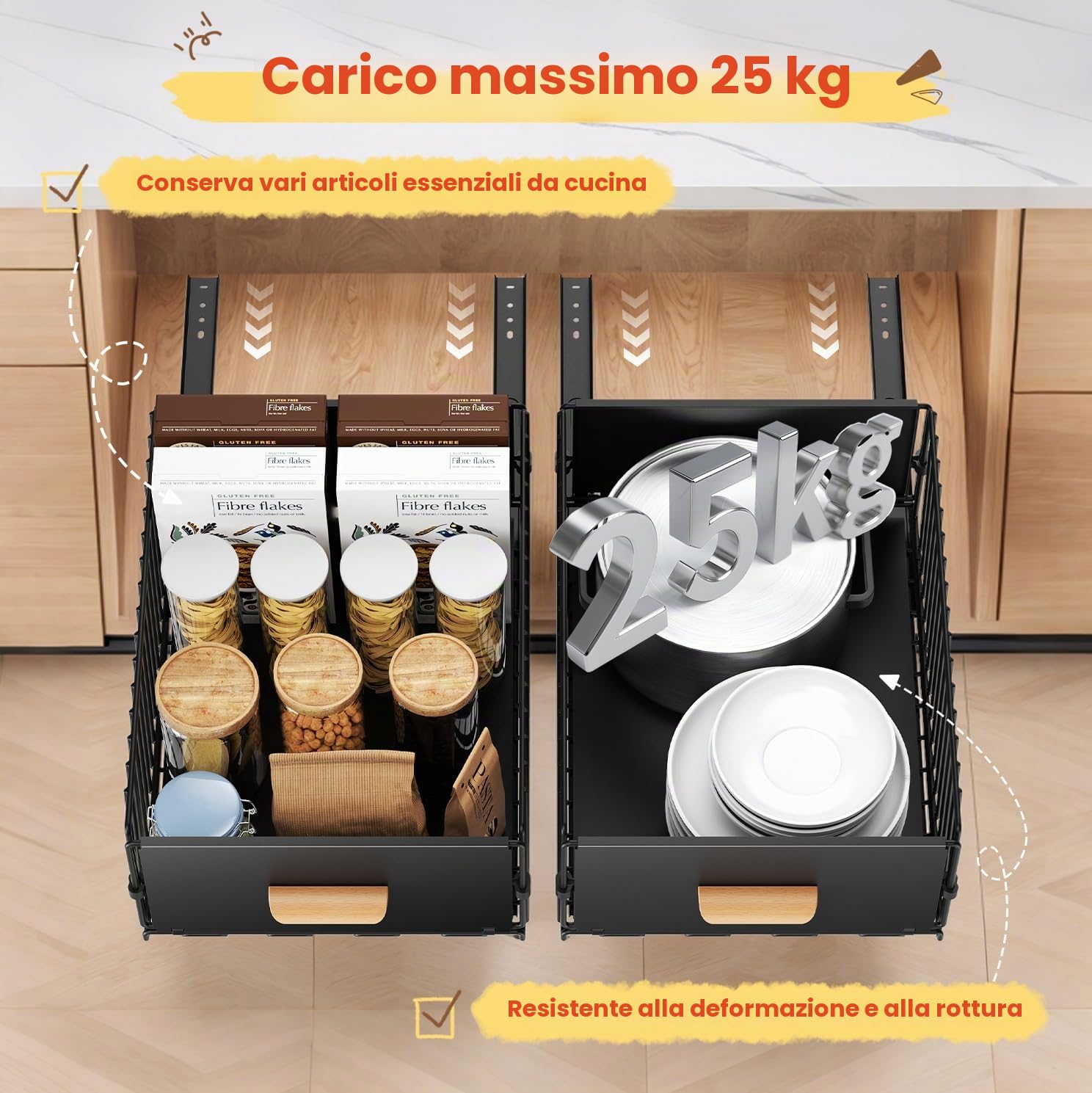 Telescopic Drawer, Extendable Drawer for Kitchen Cabinets, Slide Out Cabinet Organiser with Handle & Adhesive for Kitchen Pantry, No Drilling 23.5 x 39.5 x 19.5 cm, 2 Packs