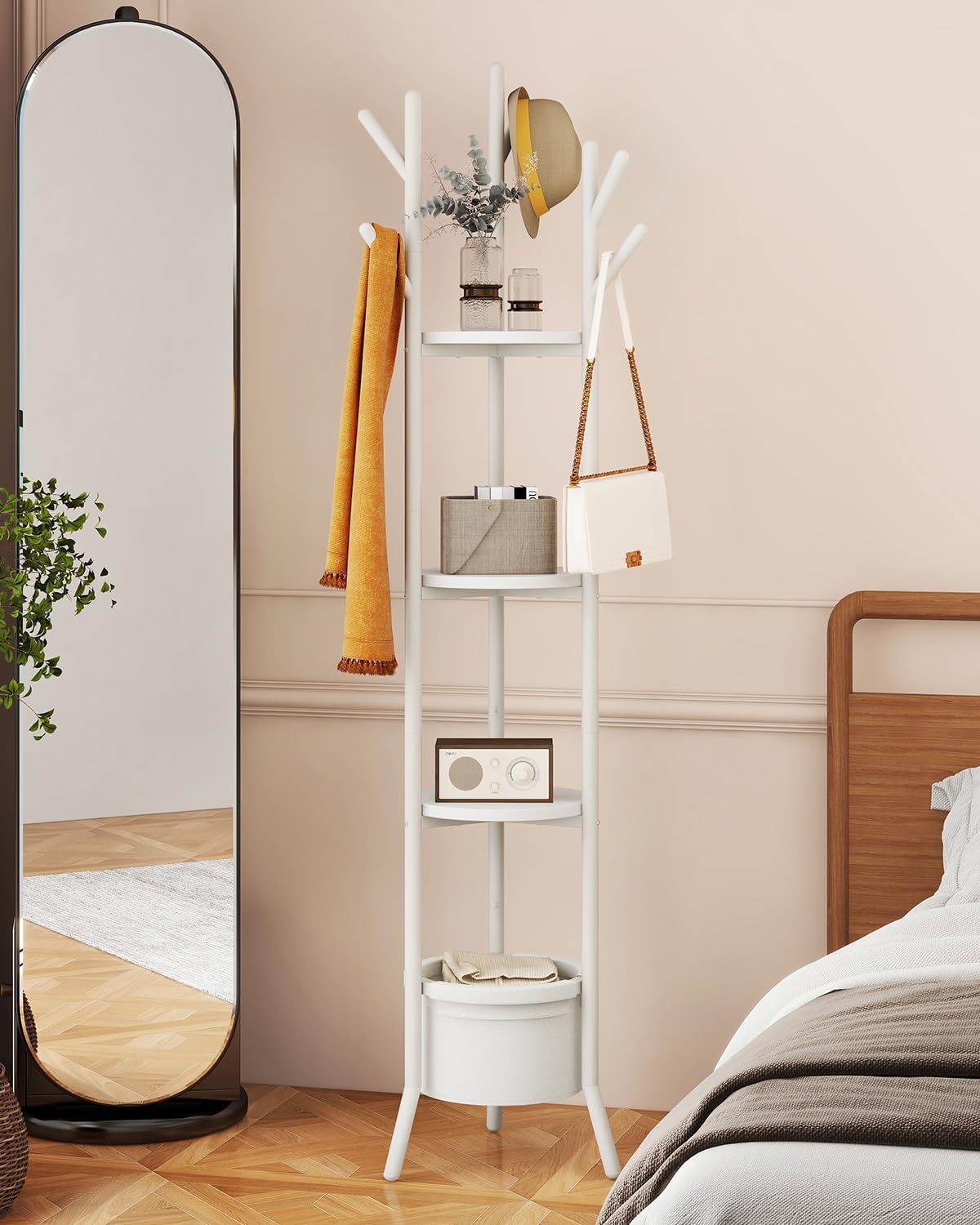 YMYNY Coat Rack, Freestanding Coat Stand with Storage Shelves, Hall Trees with 3 Wooden Shelves and 1 Fabric Basket, Metal Clothes Stand for Hats Bags Hallway Bedroom White UHGR005W