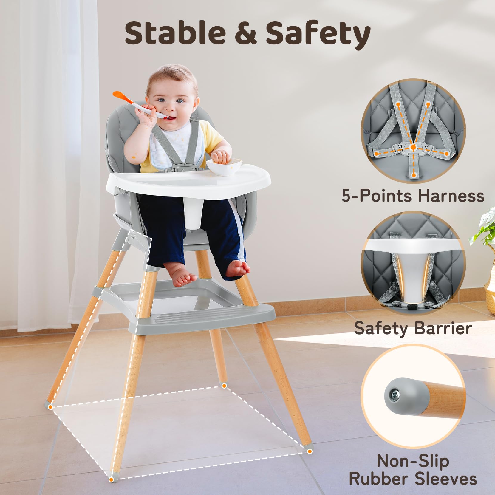 Ezebaby Chaise haute + rehausseur + chaise enfant + tabouret de bar, 6 en 1, multifonctionnelle, pieds en bois, à partir de 6 mois (Gris avec étagère)