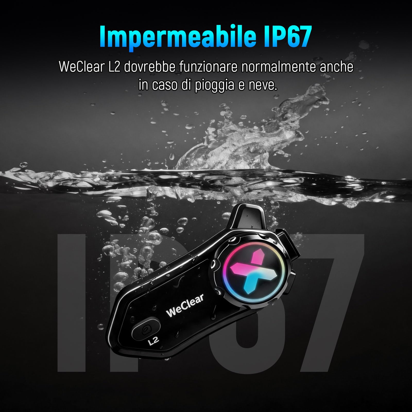 L2 Interfono Moto Bluetooth 5.3, Auricolare Casco Impermeabile IP67 | Interfono moto con batteria 1000mAh per 35H di autonomia, Supporta condivisione musica e luce RGB