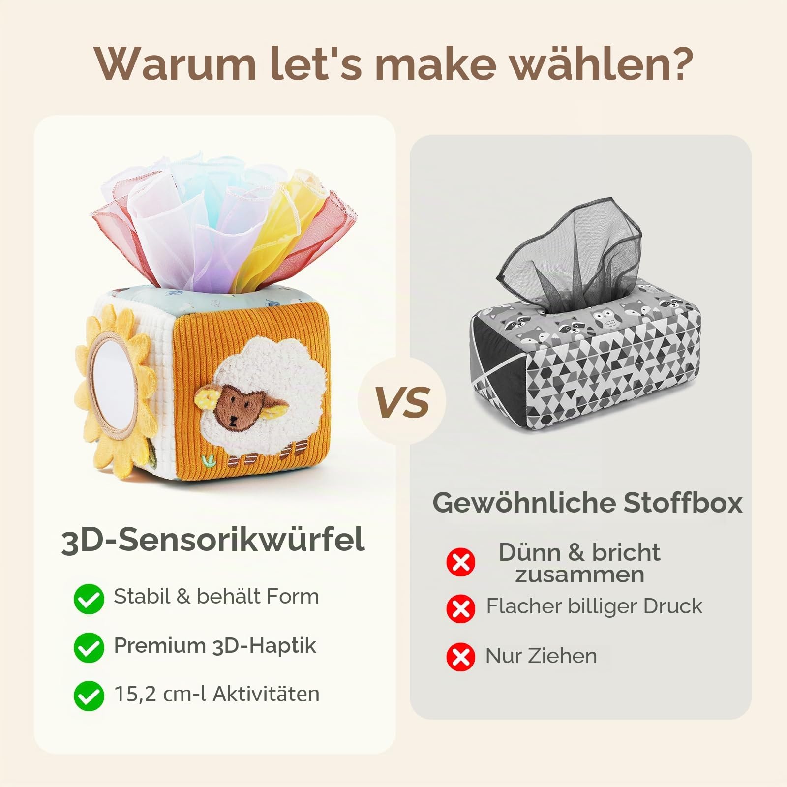 let's make Baby Taschentuchbox Spielzeug, Montessori Sensorik Spielzeug ab 6 9 12 Monaten, Bauernhof Activity-Box Motorikspielzeug mit Knisterpapier, Spiegel & Reiseclip, Geschenke für Mädchen Jungen
