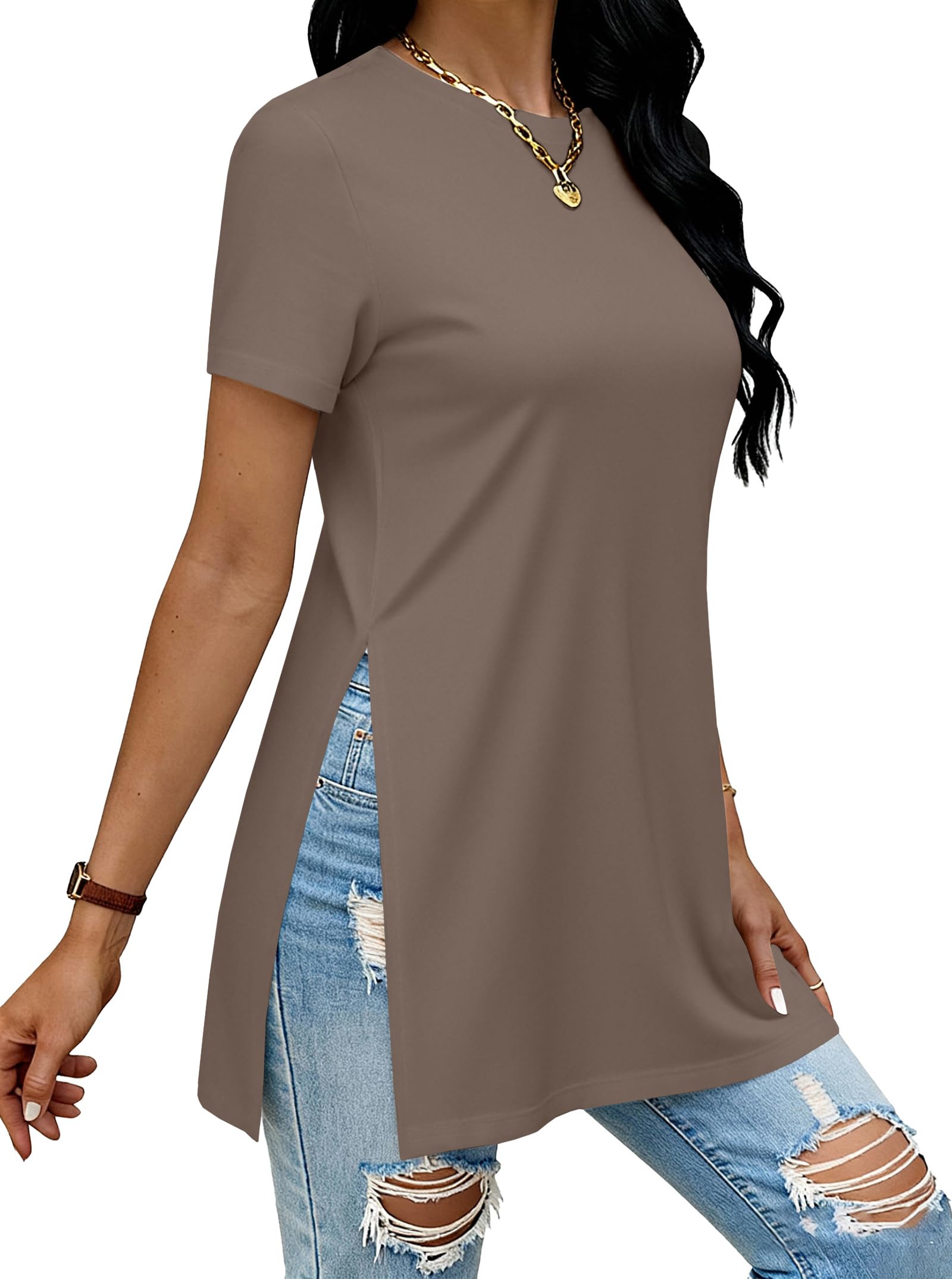 Remidoo Side Slit Tees for Women Tunic Tops Crewneck Long T Shirt Loose Fit Short Sleeve Tee