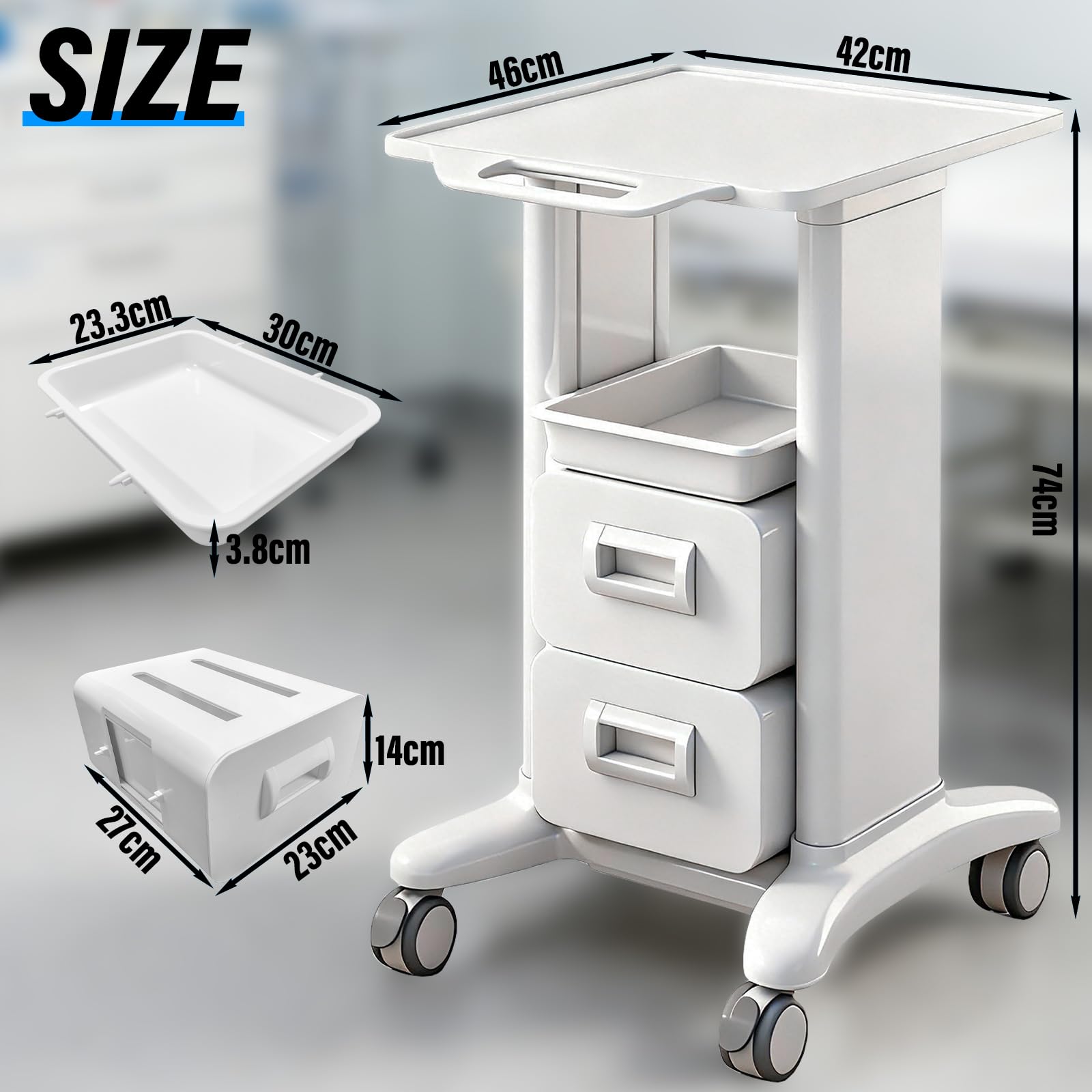 Carrello da Laboratorio a 3 Ripiani Portata 102kg, Carrello Medico con 2 Cassetti, 1 Vassoio e 4 Ruote, Materiale ABS per Clinica, Ospedale e Salone, Bianco (Bianco, doppio cassetto)