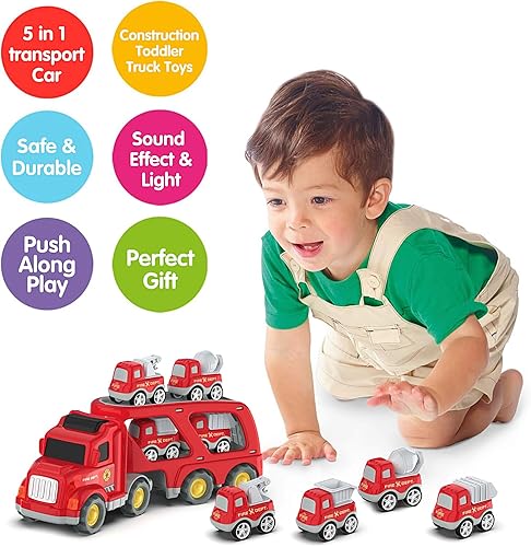 Miniatura 3 de Moritakk Camiones de juguete para niños pequeños de 3, 4, 5, 6, 7 años, transporte 5 en 1, vehículos urbanos de transporte con sonido ligero, regalo