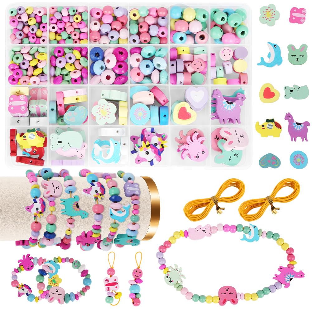 AUAUY DIY Wooden Beads Craft Kit for Bracelets Making, with 2 Beaded Cords