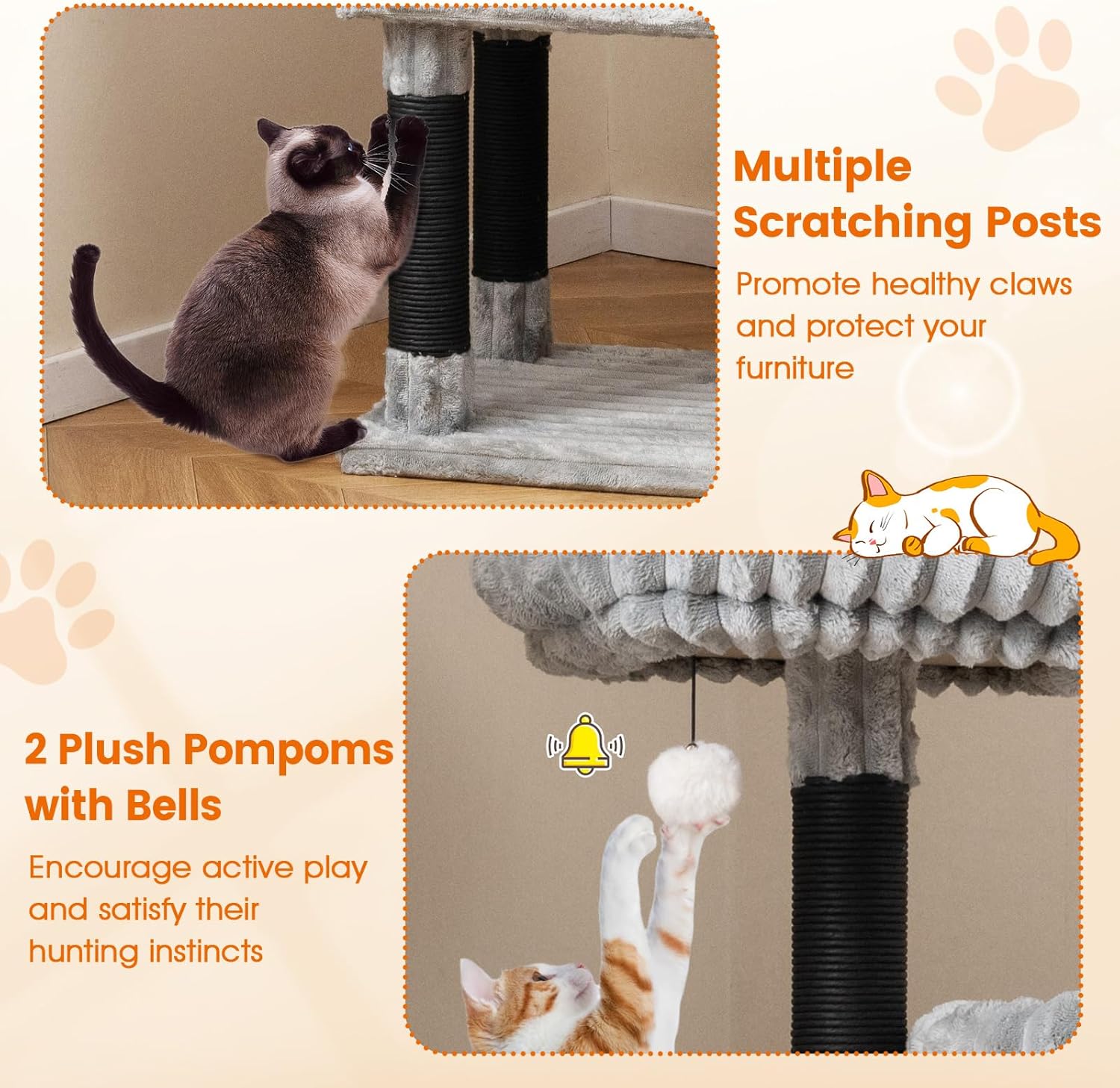 Tangkula Carpet Cat Tree, 62 Inch Tall Cat Tower with Scratching Posts, 2 Condos, 2 Perch Beds, Dangling Jingle Balls, Soft Flannel Covering, Unique Cat Tree for Indoor Cats