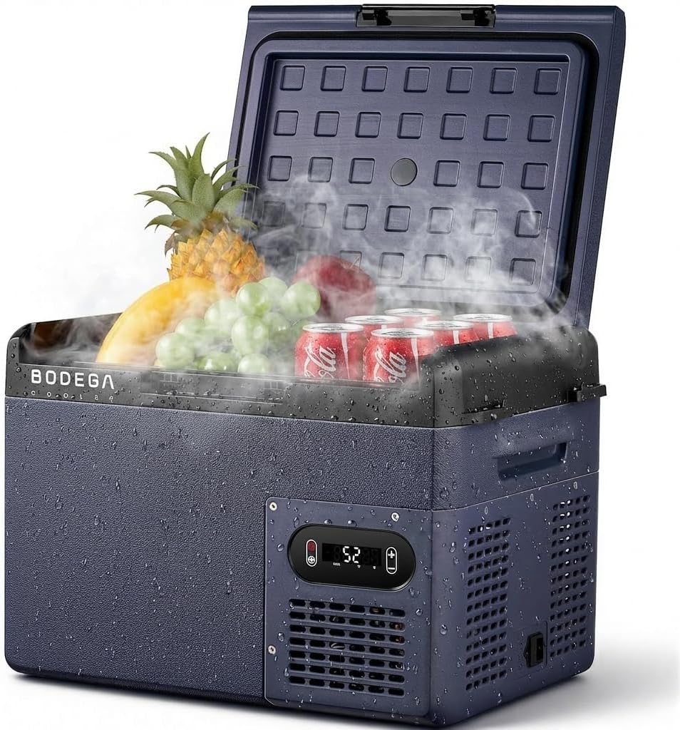 BODEGA COOLER 12 volt Car Refrigerator – 16QT Portable， Low Noise, Fast Cooling with LED Display, Multiple Charging Options, Energy-Efficient for Road Trips & Outdoor Adventures