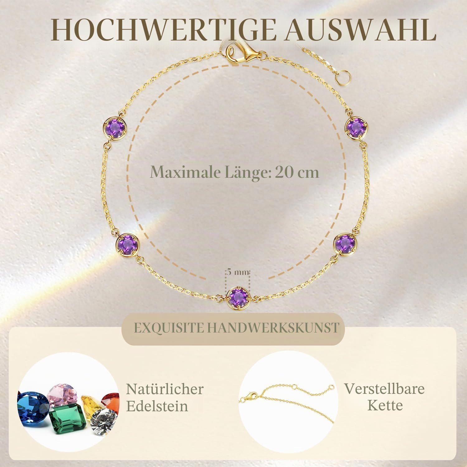 FANCIME Solide 14 Karat 585 Gelb Gold Armband mit Natürlichem Peridot Citrin Topas Granat Amethyst für Damen Mädchen - Armbandlänge: 17 + 3 cm