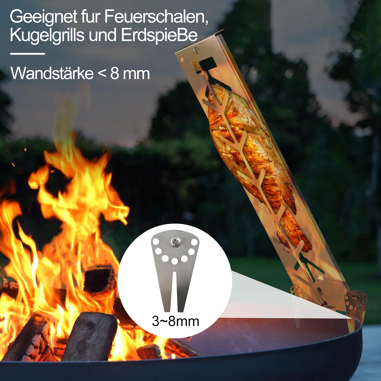 Flammlachsbrett | Extra breit 18cm Fisch Grillhalter Edelstahl | Grillzubehör für Feuerschale und Kugelgrill mit Wandstärke bis Weniger als 8mm | Flammlachshalter | Flammlachsbretter