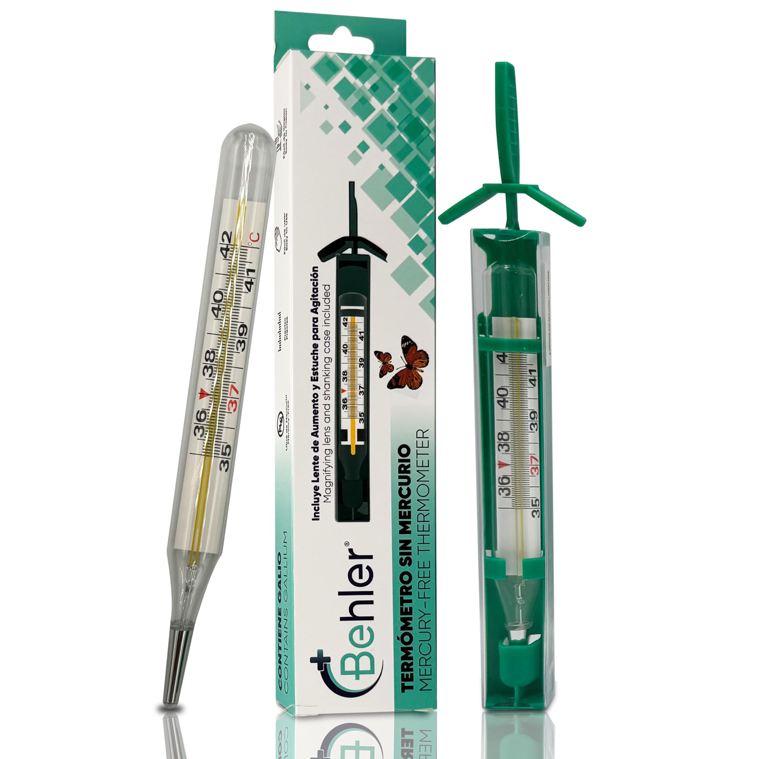 Behler Instruments - Termometro Febbre, Senza Mercurio - Sicuro e Preciso, Senza Batterie, Per Bambini e Adulti - Include Lente di Ingrandimento e Custodia per Agitazione - Per Uso Domestico e Clinico