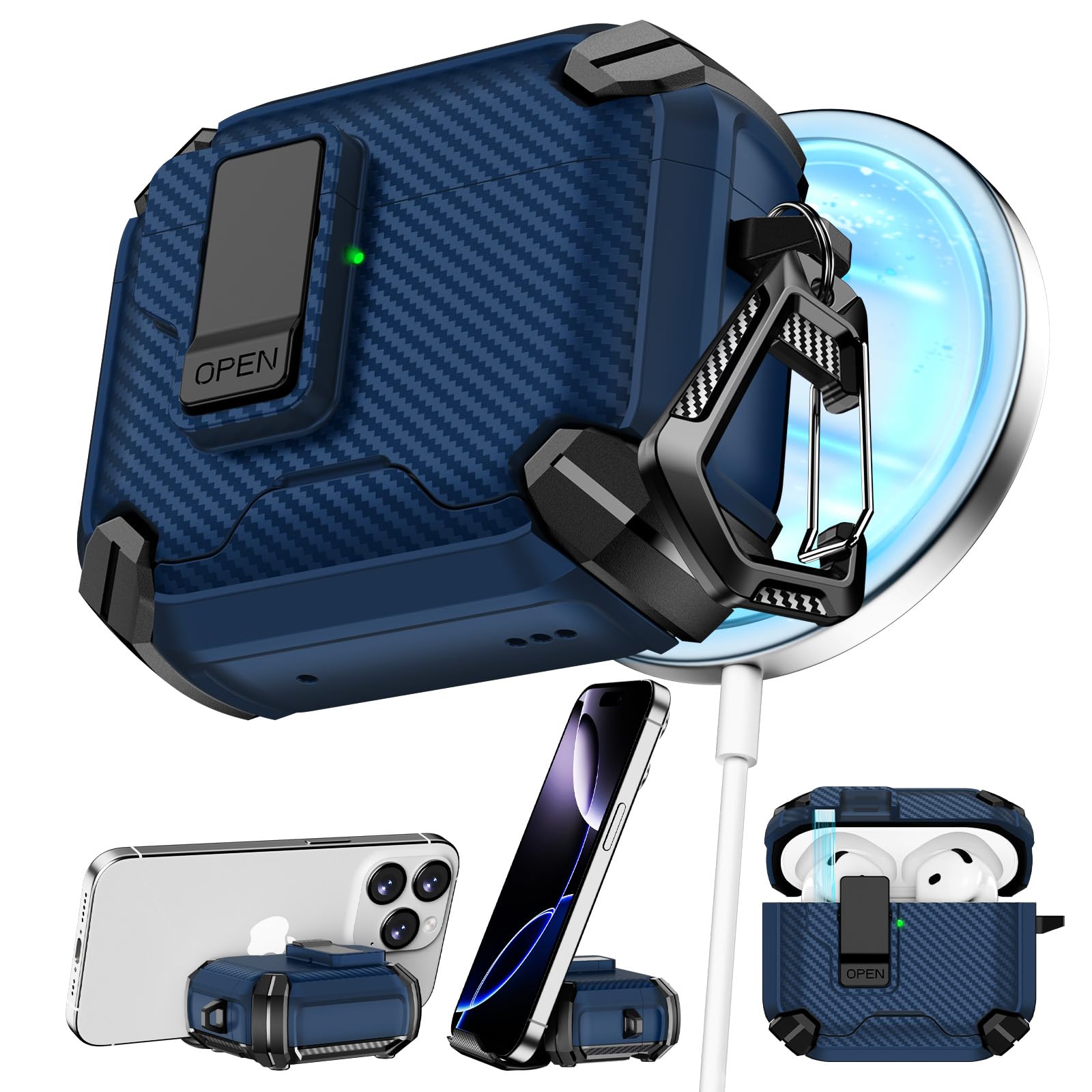Pohgelan Compatible with AirPods 4 Case Carbon Fiber Texture(Blue)