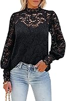 DOROSE Women's Lace Floral Long Sleeve Blouse - Elegant Ruffle Puff Sleeves, Soft Stretchy, Lined Not See-Through Tops