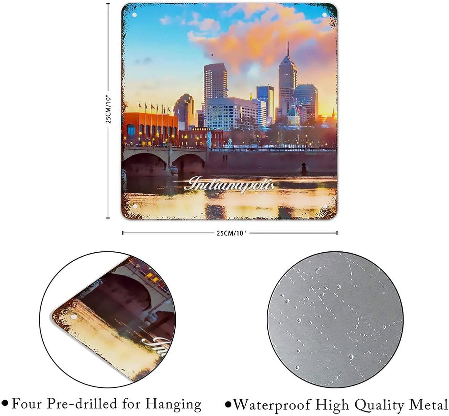 Retro Metal Tin Sign Indiana USA Indianapolis Cityscape Signs Popular Country City Souvenir Wall Art Rustic Wall Decor for Bedroom Kitchen Cafe Bar Office Garage 10x10 inch image 5