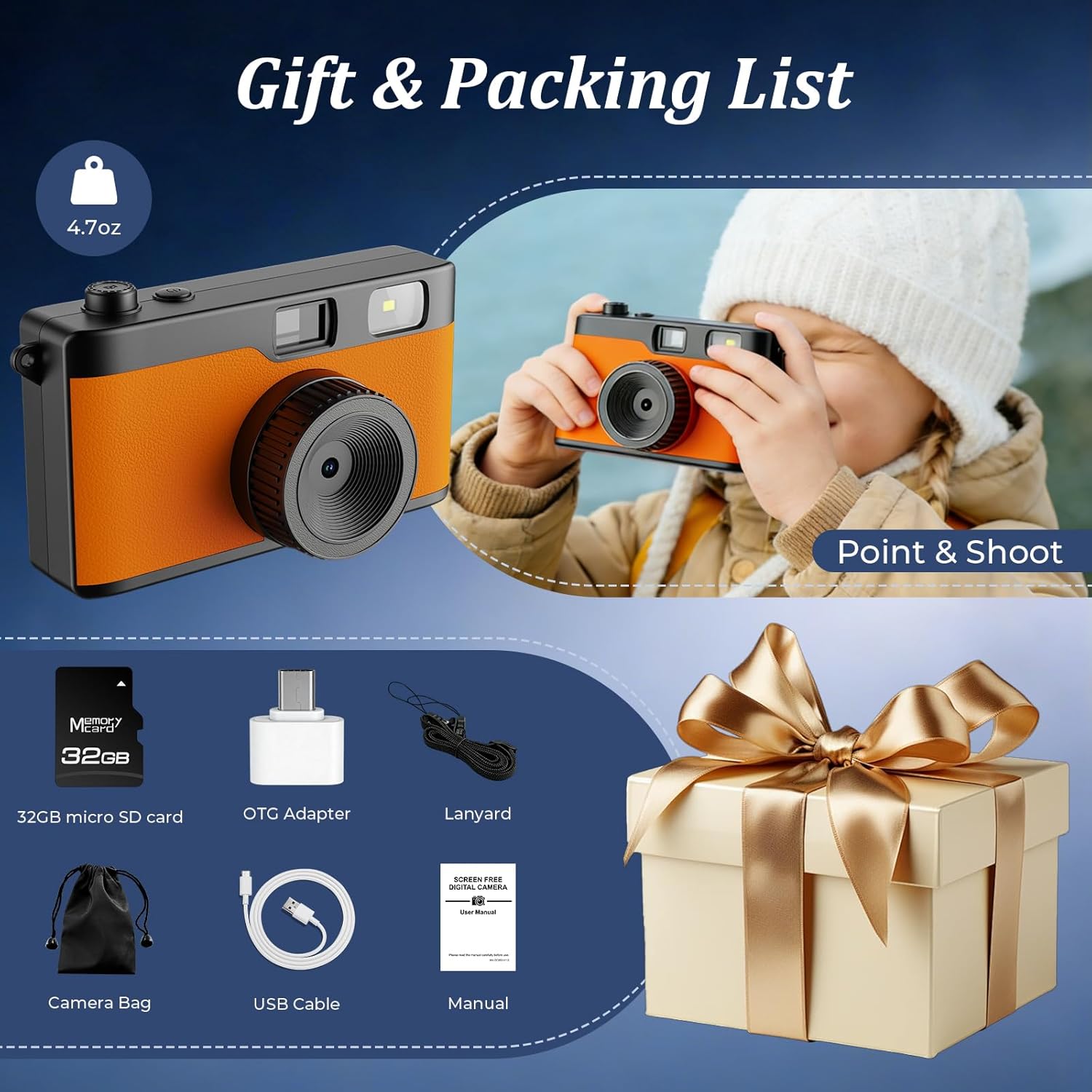 Screen Free Digital Camera, Reusable 12MP Vintage Digital Camera with Unlimited DIY Filters, OTG Support and Flash Light for Summer Camp with 32GB Micro SD Card, OTG Adapter and Type-C Cable（Orange）