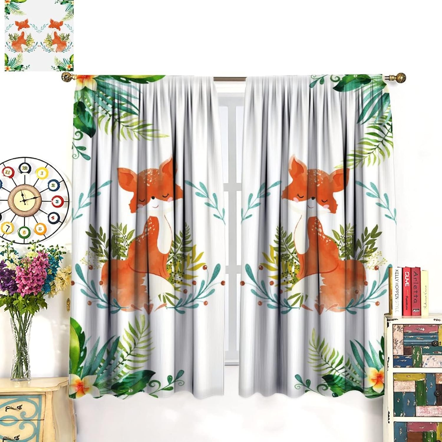 Cartoon Fox Art Blackout Curtains,Watercolor Mid Century Cute Forest Animal Fox Decor Window Curtains Rod Pocket Thermal Insulated Room Darkening Blackout Curtains for Bedroom 2 Panels 45L x 21W