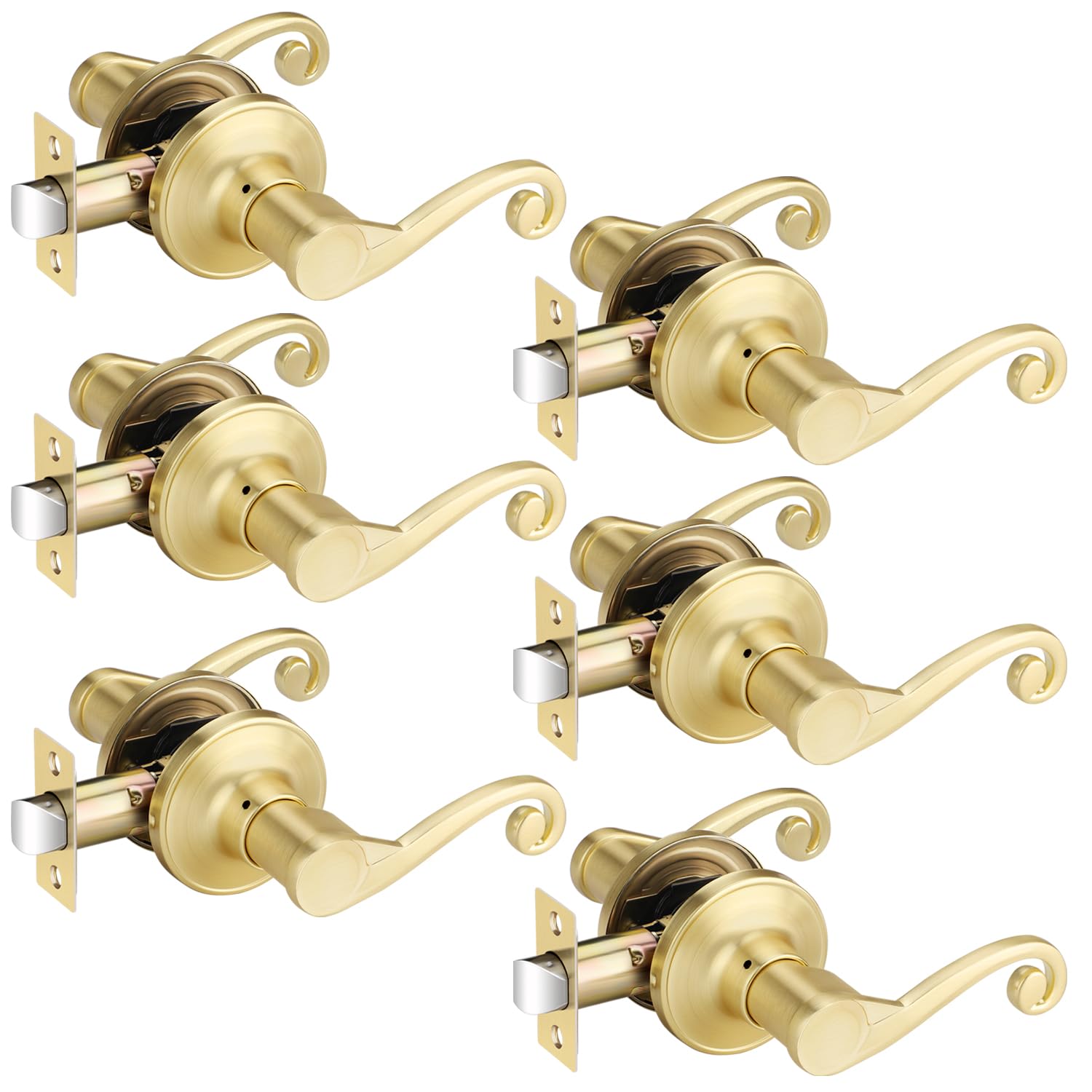 Bonpoly 6 Pack Gold Door Handles, Wave Style Door Lever PassageDoor Handle, Keyless Interior Lever for Hallway and Closet, Satin Brass Finish