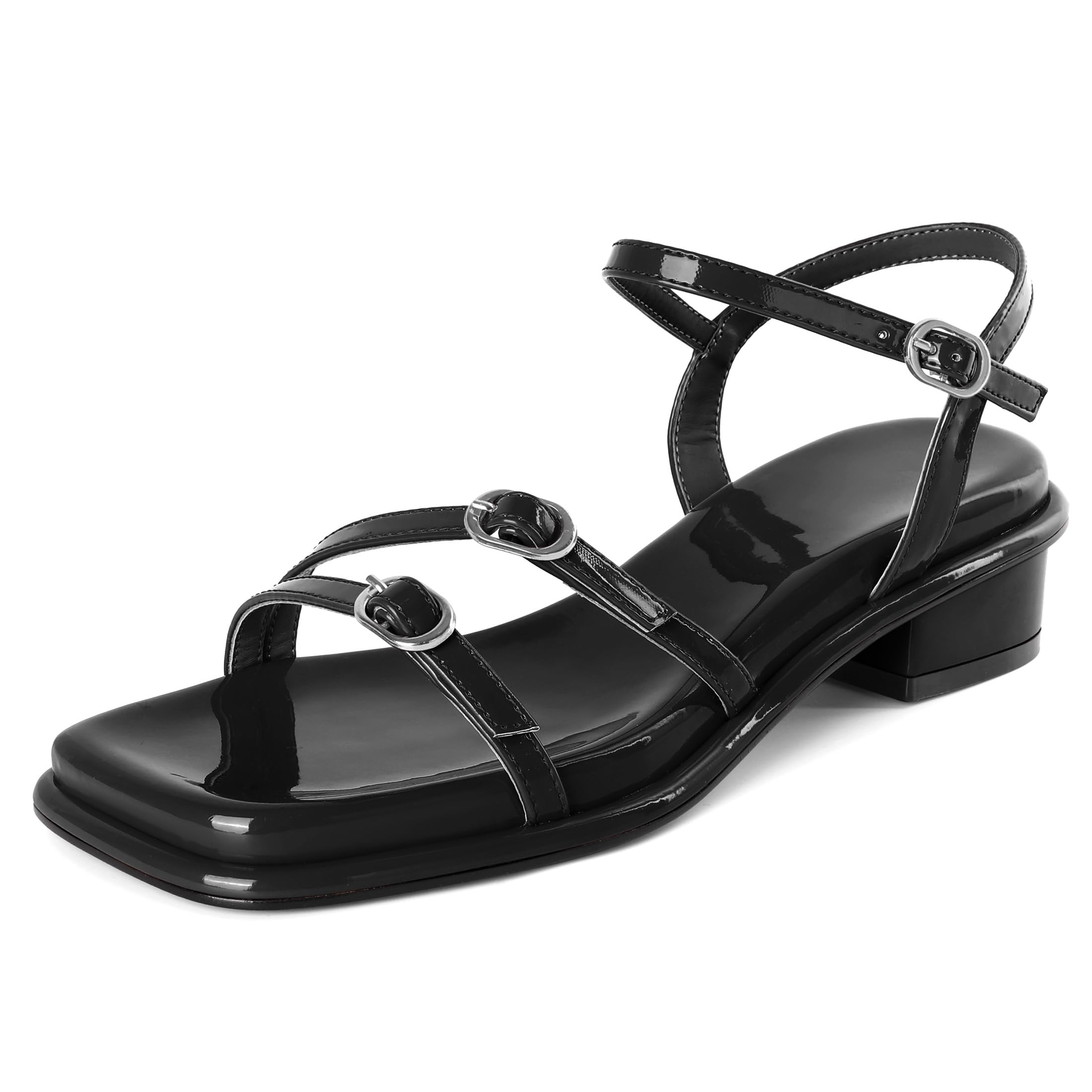 Soireelady Womens Chunky Block Low Heel Sandals Square Open Toe Strappy Ankle Strap Buckle Party Prom Dress Sandals 1.2''