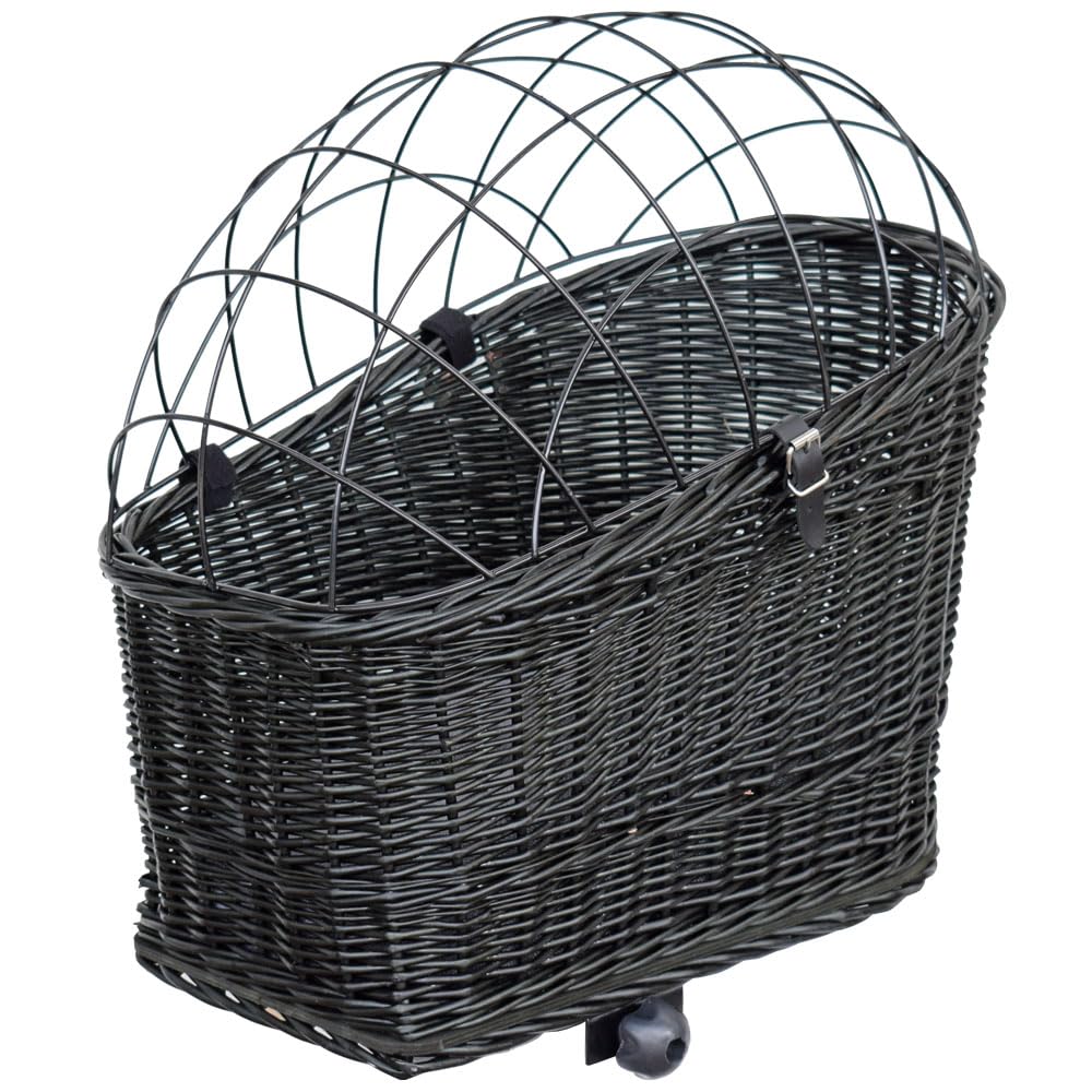 Fahrradkorb für Hunde – mit Gitterhaube, Befestigung für Gepäckträger, herausnehmbarem Kissen – aus Weide – Hundekorb Fahrrad 60×39×50 cm (SCHWARZ)