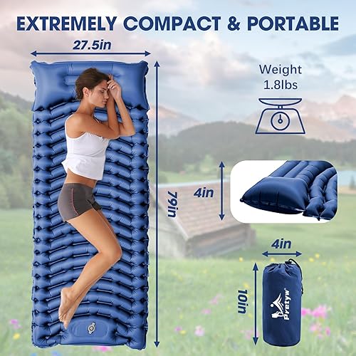 Miniatura 2 de Colchoneta de dormir para camping, colchón ultraligero con almohada, bomba de pie integrada, alfombrilla portátil inflable compacta para mochileros,