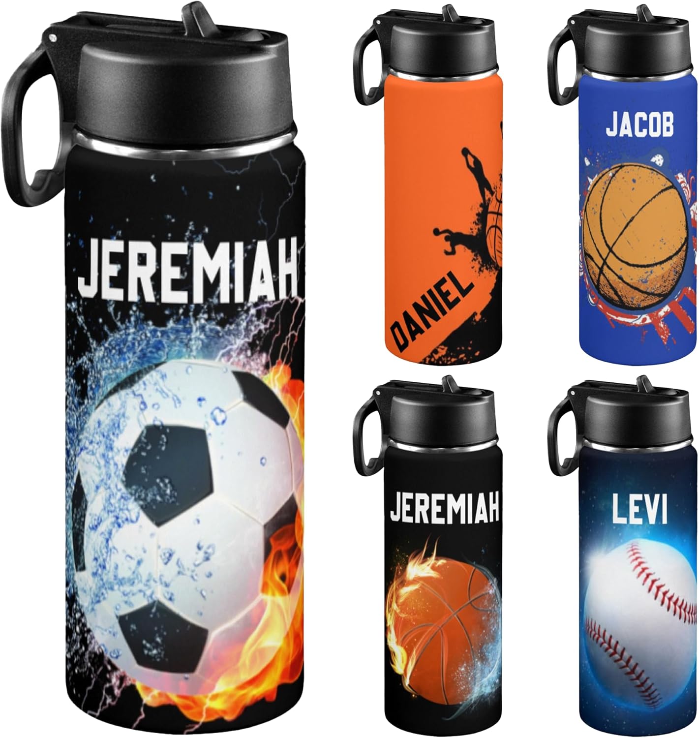 Personalized Water Bottle for Kids for School, Customized Kids Insulated Bottle with Name for Boys, Stainless Steel Thermo with Straw, 18oz, Back to School Supply, Basketball Soccer Baseball