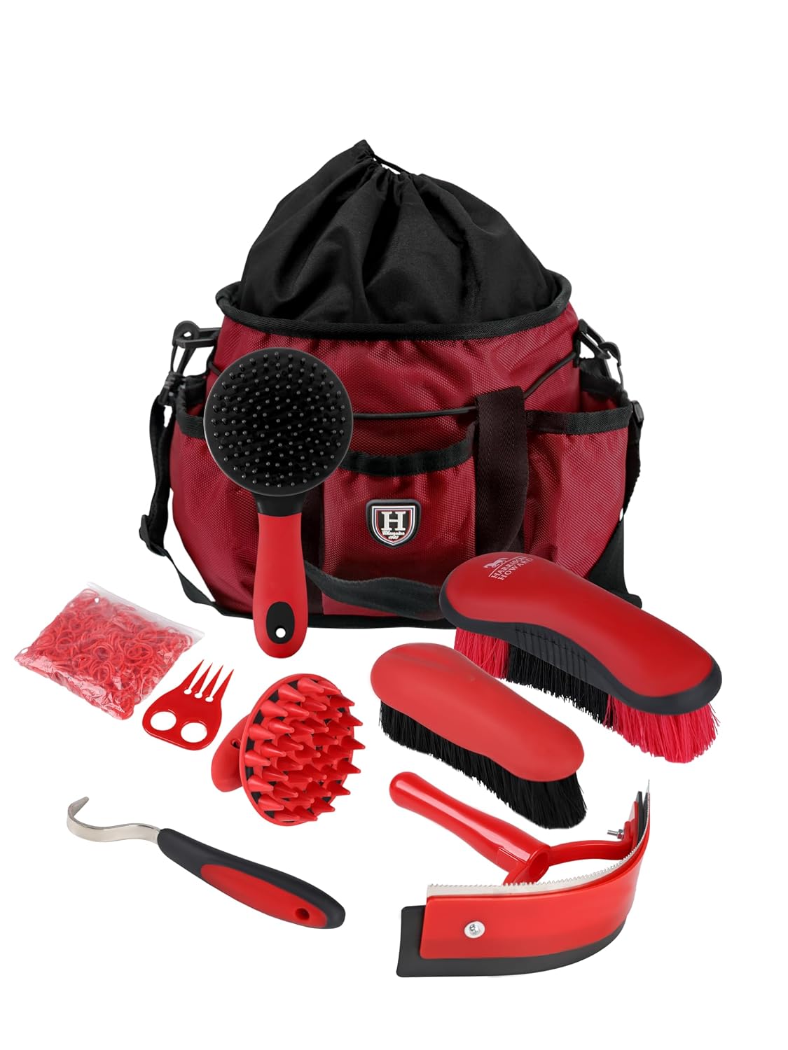Harrison Howard Horse Grooming Brushes Kit 7 pieces with Organizer Tote Equine Care Series Horse Brush Sets Red