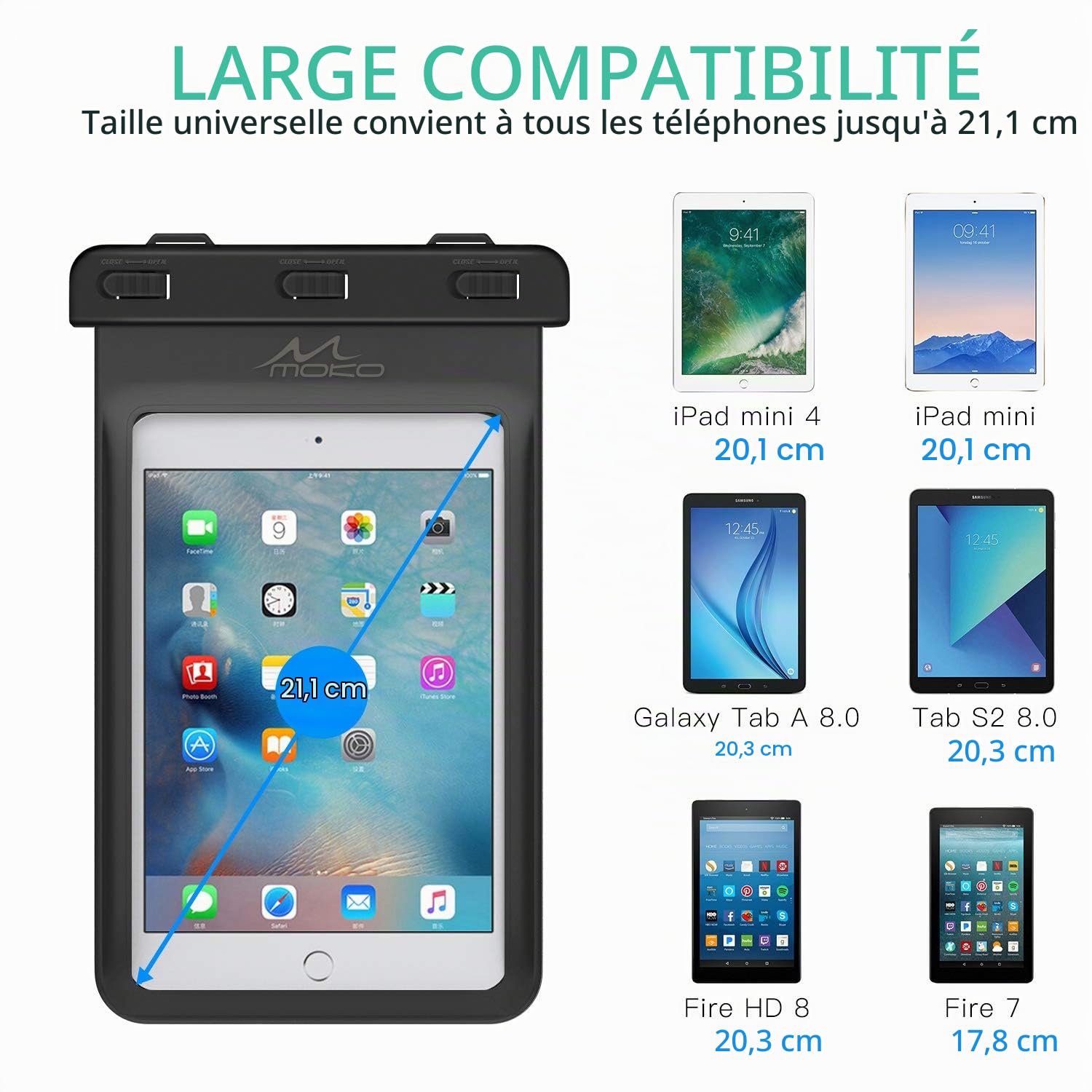MoKo Universel Etui Housse Pochette étanche pour iPad Mini 6 2021, iPad Mini 5/4/3/2/1, Galaxy Tab A 8.0/8.4, Tab A7 Lite 8.7, Tab E 8.0, Huawei MatePad M5/T8 - IPX8 Certifié, Noir
