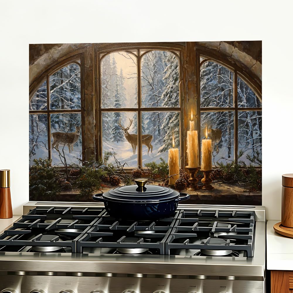 Winter Deer Arched Window Backsplash Peel and Stick, 35.4x23.6 in
