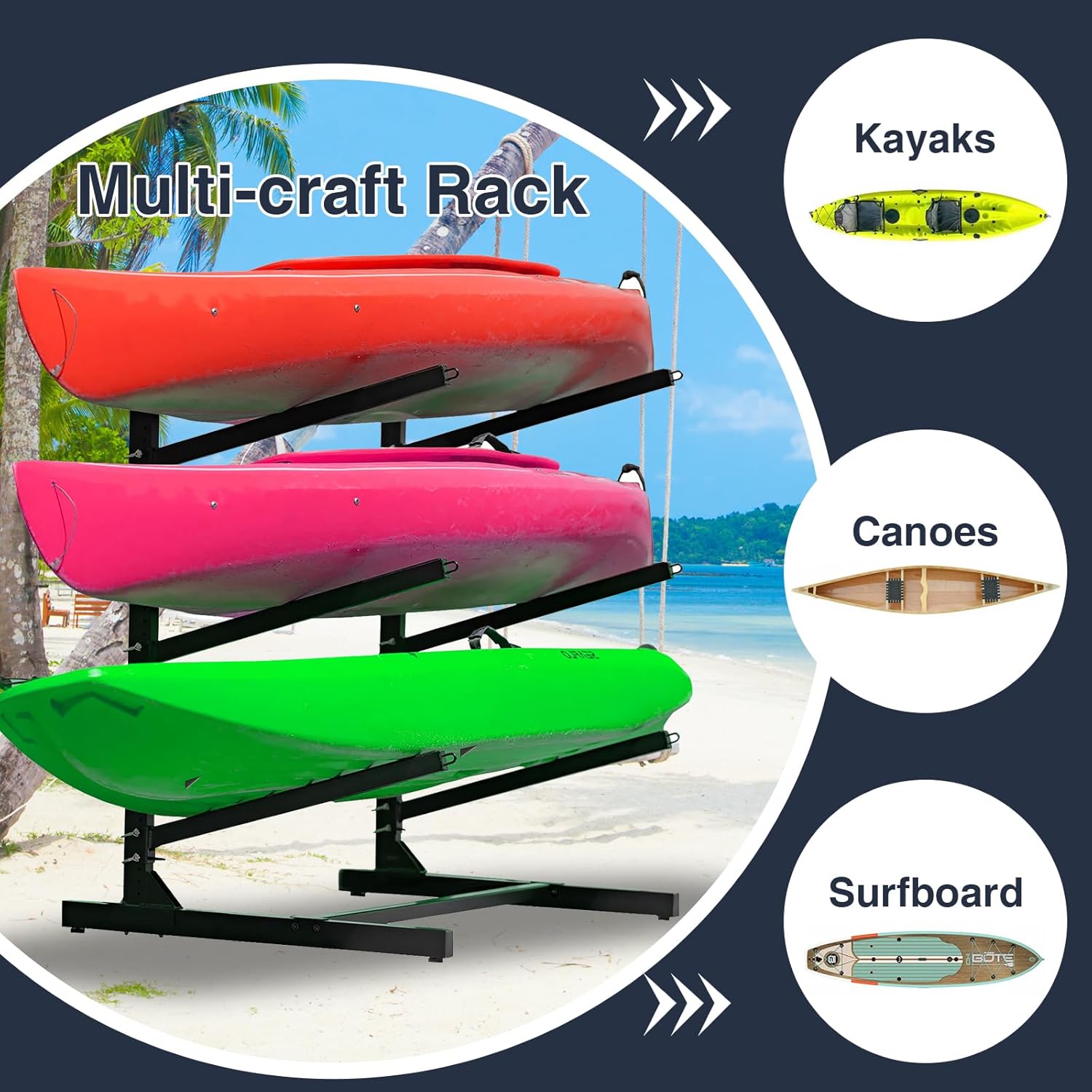 Heavy Duty Kayak Storage Rack - Adjustable Freestanding Stand for Kayaks, Canoes, Paddleboards, and Surfboards - Ideal for Garage, Shed, Dock, and Outdoor Storage