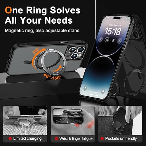 Miniatura 3 de Funda con anillo giratorio de 360 para iPhone 14 Pro Max, soporte invisible y soporte de anillo, compatible con MagSafe, protección militar contra