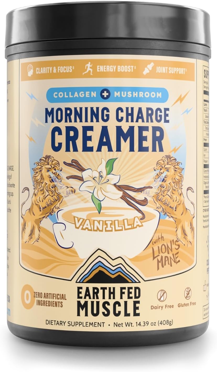Earth Fed Muscle Morning Charge Vanilla Supernutrient Coffee Creamer with Lion's Mane - Collagen Peptides, Coconut Milk, Non-Dairy - Focus + Joint Support - 24 Servings