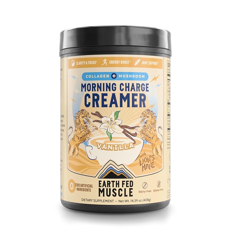 Earth Fed Muscle Creme em pó para café sabor baunilha com peptídeos de colágeno e Lion's Mane, 4 g e 500 mg, 24 porções, 408 g