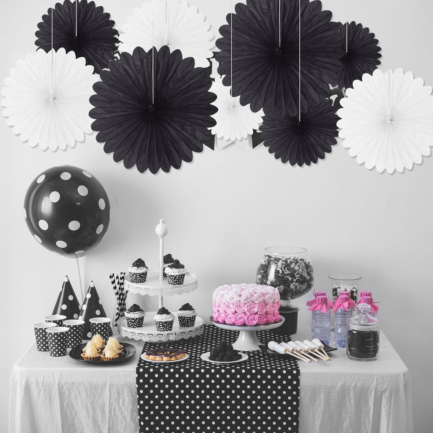 20 Pcs Black White Hanging Paper Fan, Round Paper Fans Decorations Set for Weddings, Birthdays, Engagement, Bridal Shower, Baby Shower Event, Graduation, Party Supplies Decor