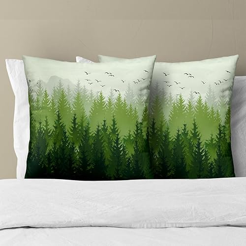 Miniatura 6 de Fundas de almohada abstractas de bosque brumoso, 2 unidades, color verde, naturaleza, pino, montaña, fundas de cojín decorativas para sofá, funda de