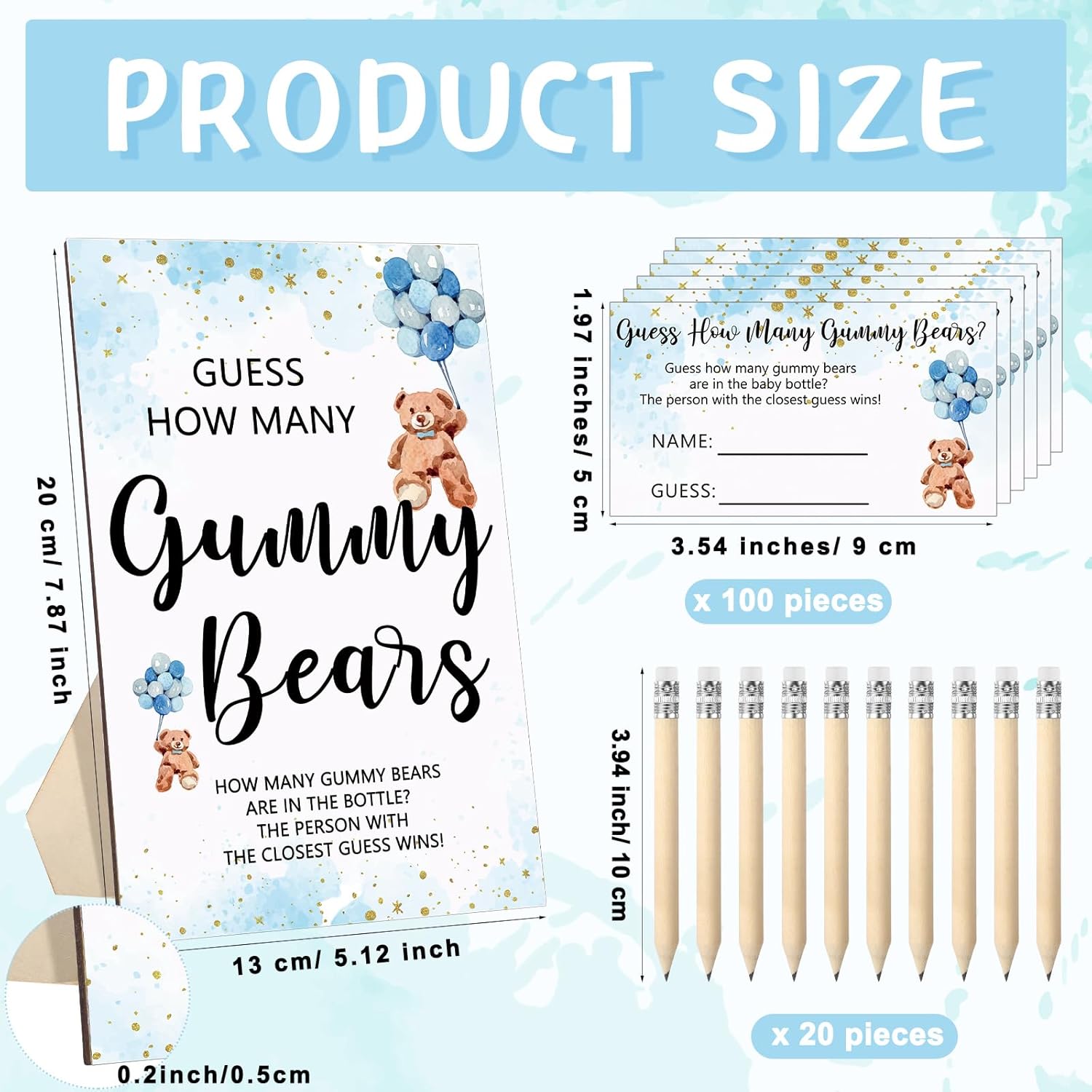 qilery 122 pcs baby shower games guess how many bears 100 guessing cards 20 pencils 1 bottle 1 wood standing sign for baby shower games gender reveal party decoration(blue)