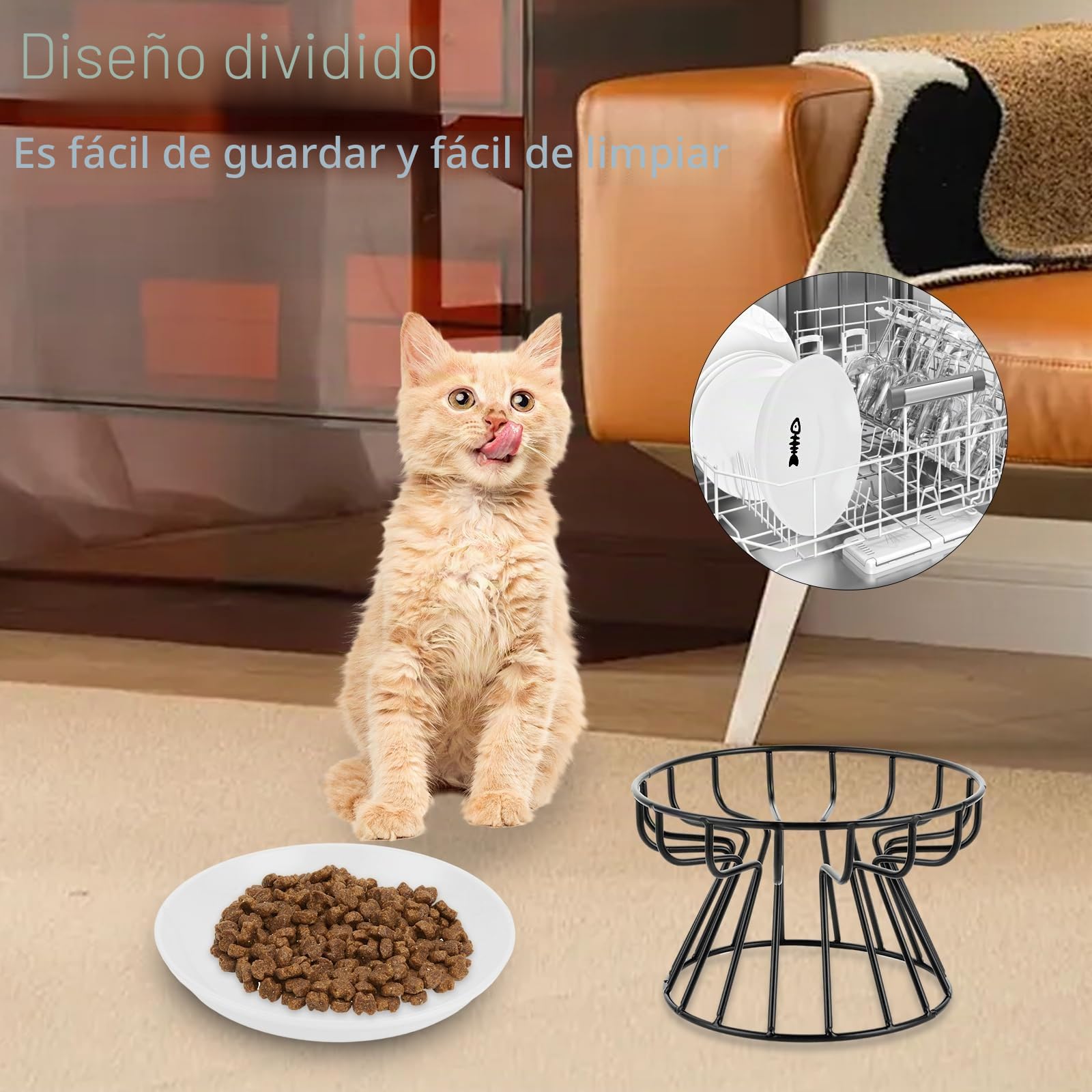 YAYODS Juego de 3 Cuencos de Cerámica Elevados para Gatos, Comedero Ergonómico Altura 10cm, Soporte Metálico y Alfombrilla de Silicona Antideslizante, Cuencos Anchos Antifatiga Aptos para Lavavajillas