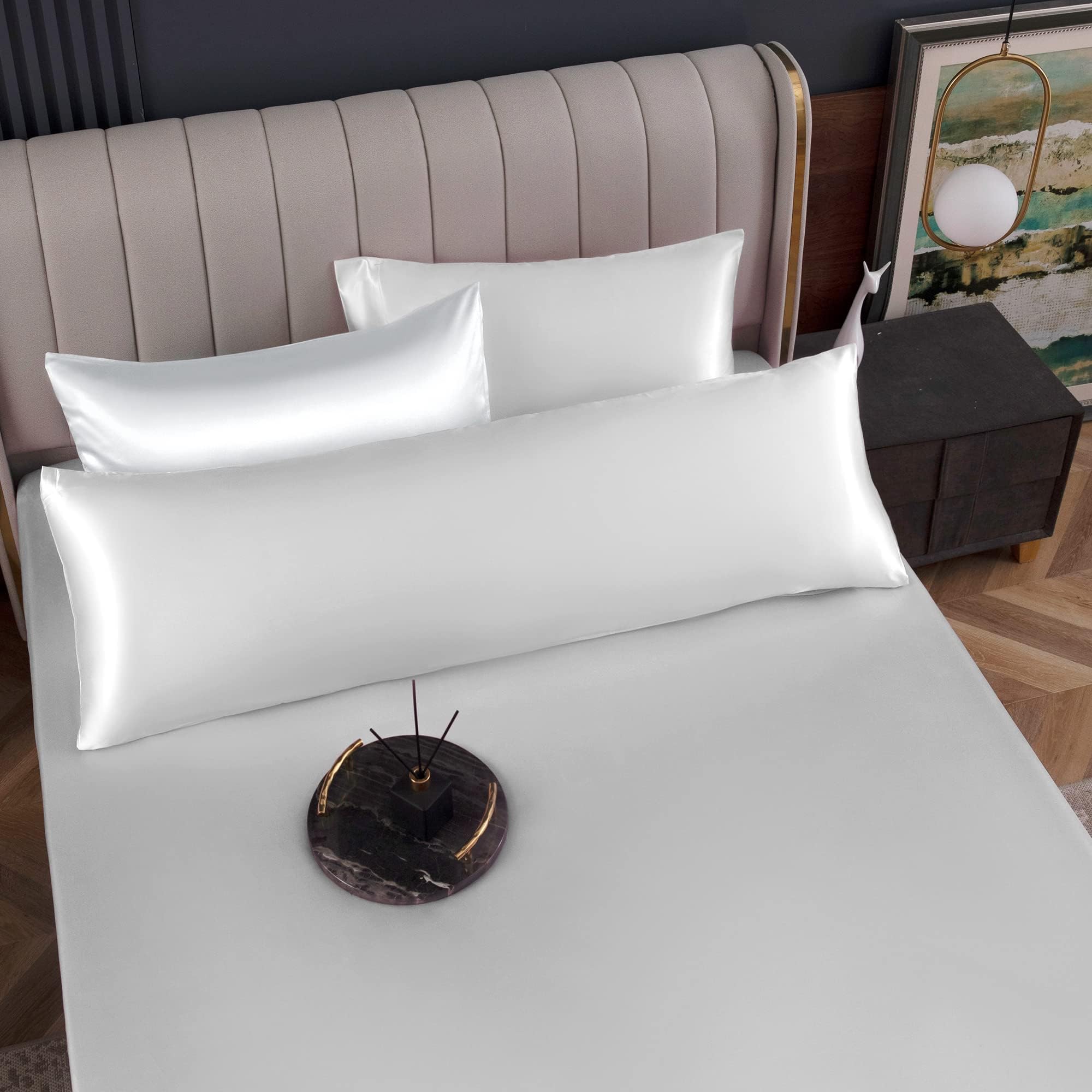 Homiest Satin Body Pillow Cover, White Body Pillowcase 20 x 54 Inch Pillowcovers with Envelope Closure, Luxury & Ultra Soft Body Size Pillow Cases for Hair and Skin, Cooling Long Pillow Cover