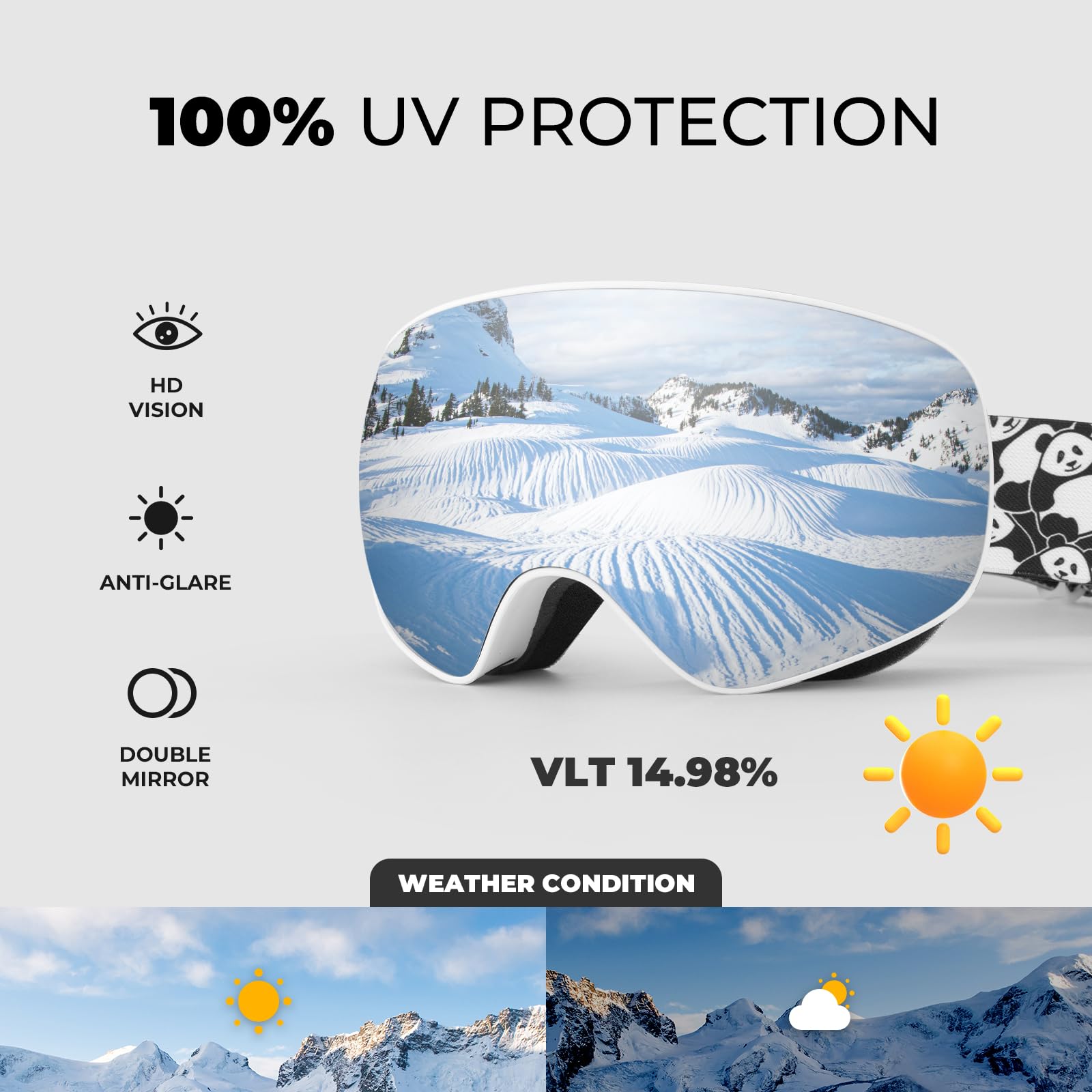 Lunettes Ski OTG Anti-Buée Panda Motif Parent-Enfant Visière Sphérique HD Snowboard Anti-UV Masque Motoneige Élastique Respirant Unisexe Adolescent Compatible avec Casque Grand Vision Hiver