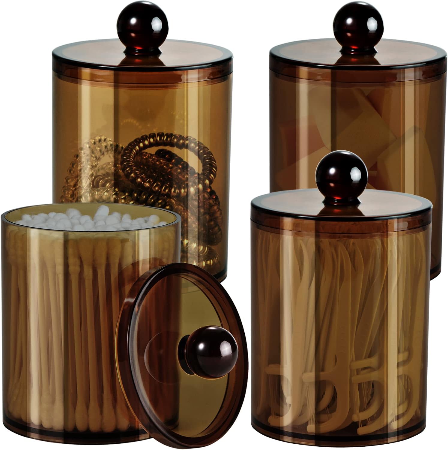 4-Pack Amber Acrylic Apothecary Jars - (2) 10oz & (2) 12oz Qtip Holder Set - Shatterproof Bathroom Vanity Organizer for Cotton Swabs,Balls,Pads - Modern Farmhouse Decor