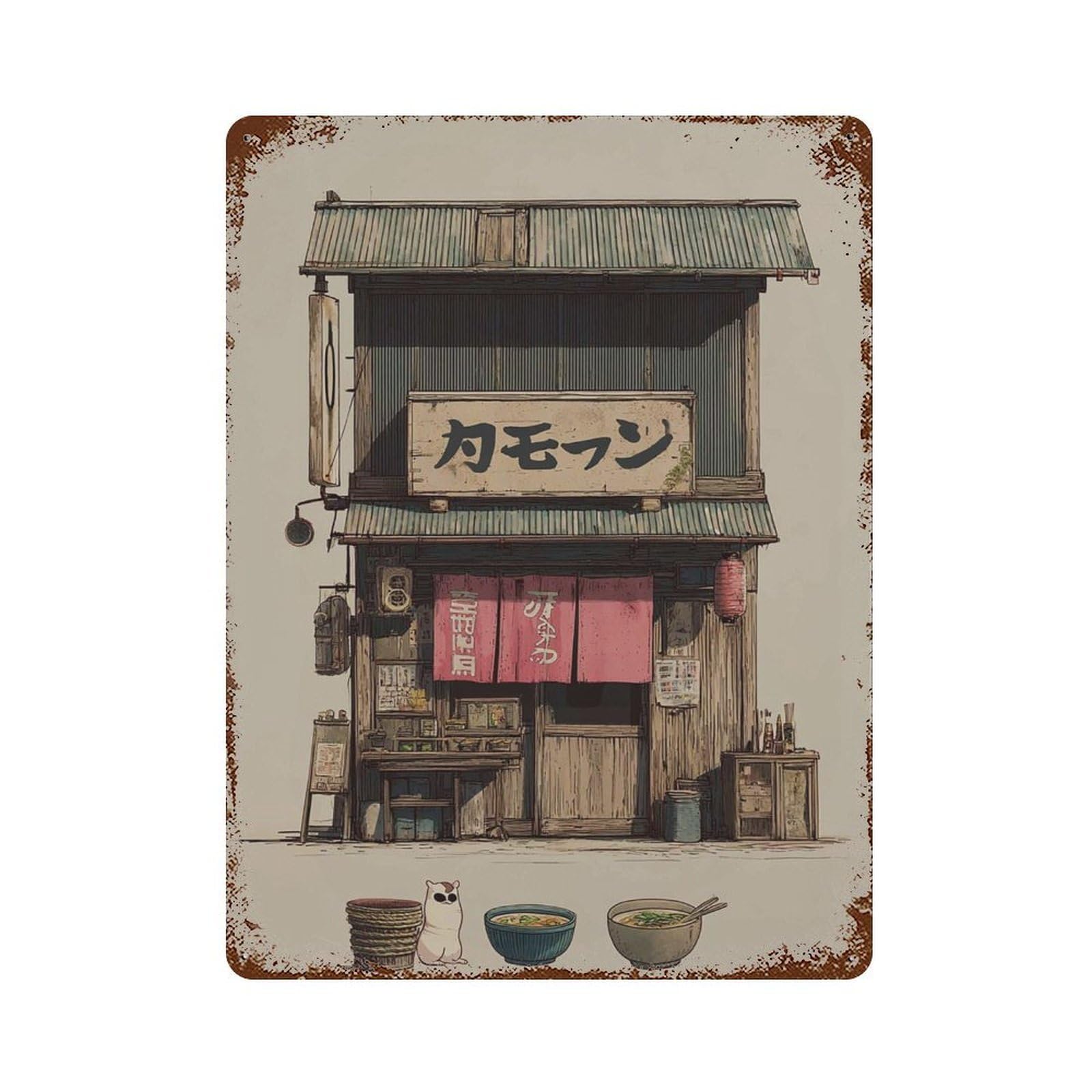 xiaoxiaoshen Japanese Ramen Shop Retro Noodle House Tokyo Street Scene Storefront with Cat An Wall Decor Art Metal Tin Poster Modern Home Decor Art Home Bar Shop Decorations Vintage Sign 40x30cm
