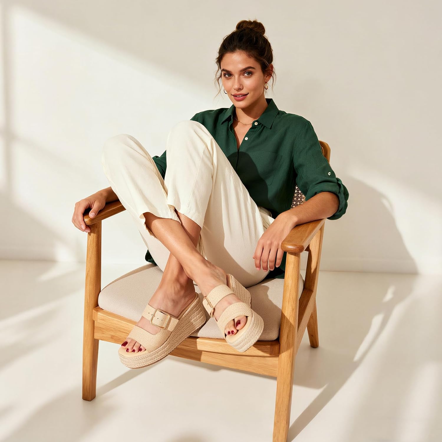 Platform Wedges Sandals for Women Summer Slip on Espadrille Flatform Slides Open Toe Adjustable Buckle Bohemia Beach Raffia Beach Sandals - Image 2