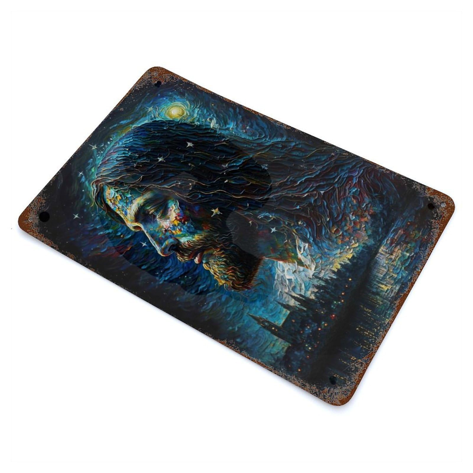 Garage Style Oil Painting of Jesus Rust Effect Tin Sign 11.8"x7.9", Industrial Home Decor for Bar And Workshop