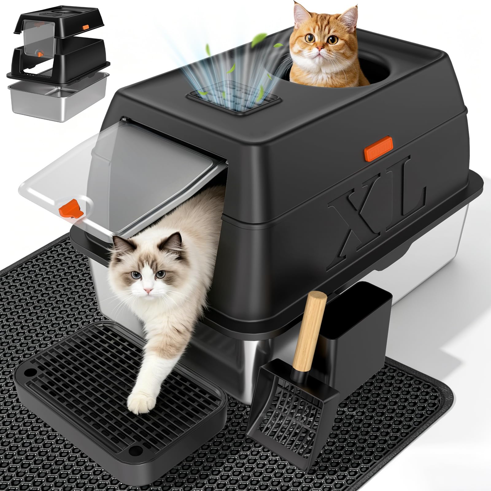 Tevila extra large stainless steel litter box with lid for big cats