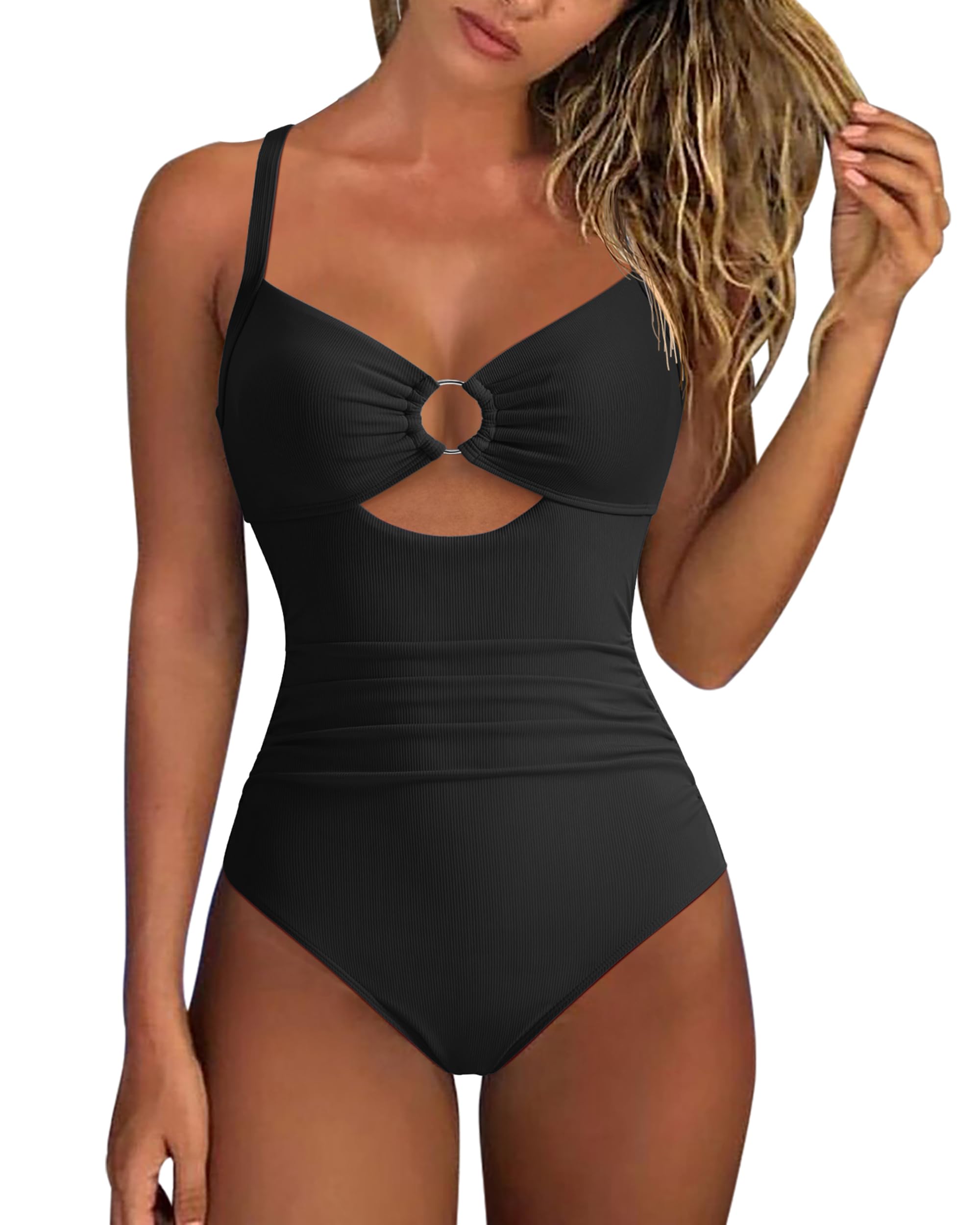 DOULAFASS Maillot de bain côtelé pour femme, ventre plat, push-up, coupe ajustée, sexy, dos nu, maillot de bain