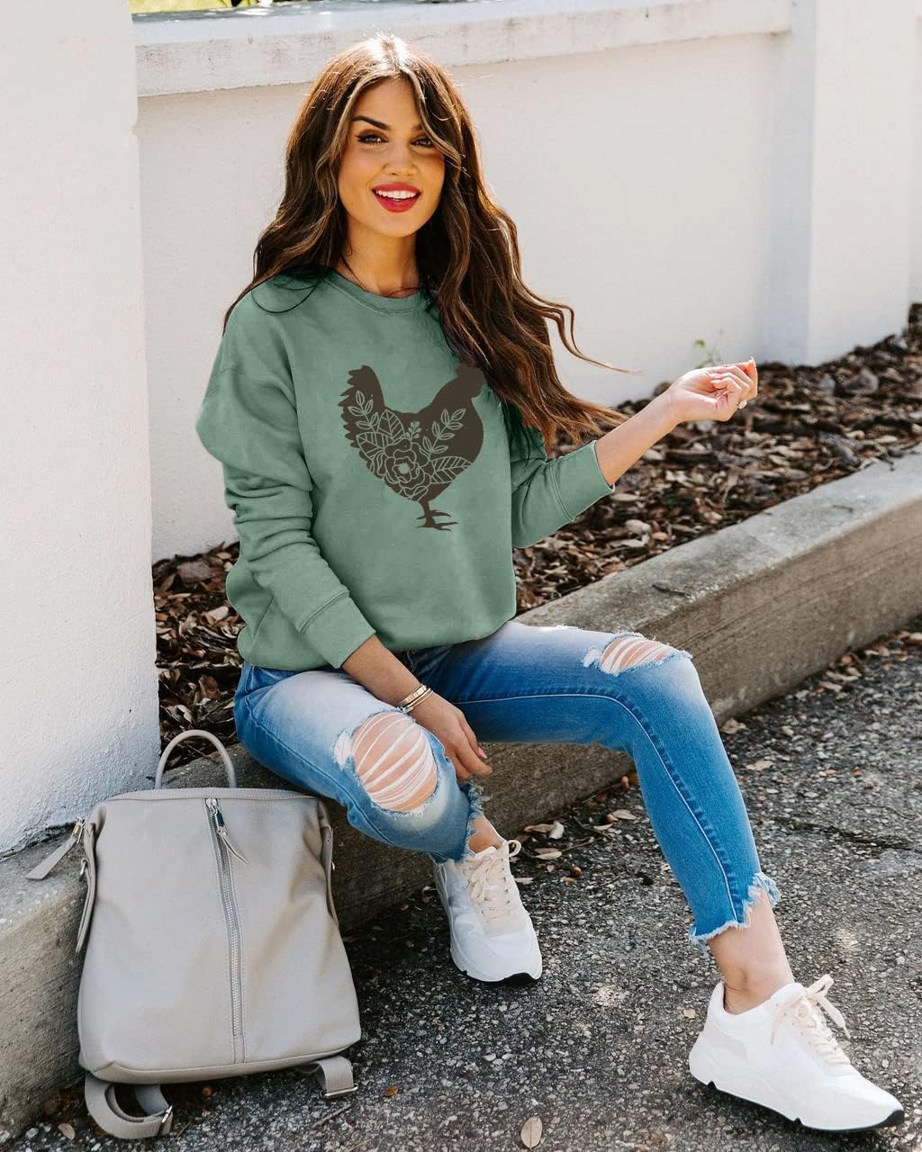 FASHGL Chicken Sweatshirt for Womens Funny Chicken Mom Long Sleeve Shirts Cute Farm Crewneck Pullover Tops