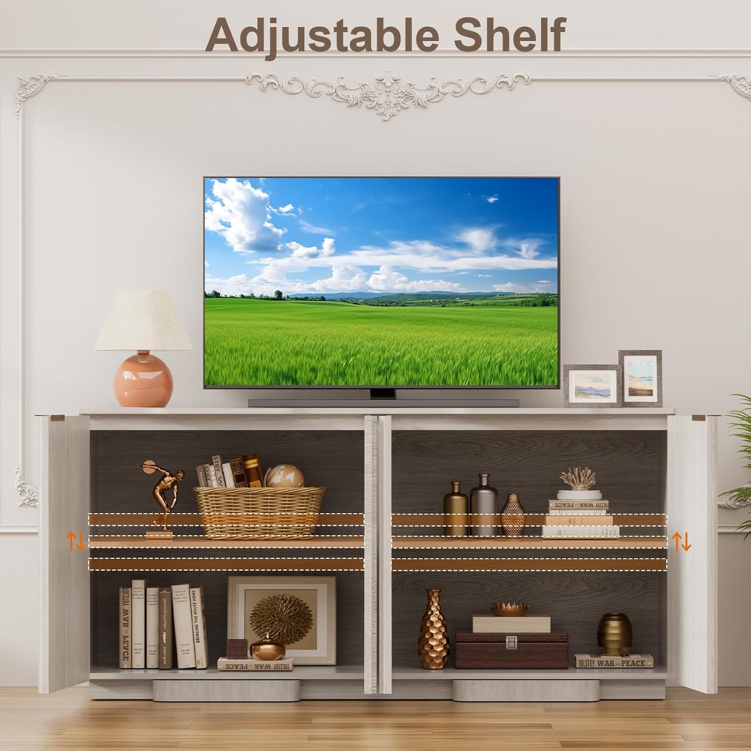 Yechen Buffet Cabinet with Storage, 55" Accent Sideboard Modern Credenza with Doors & Adjustable Shelves Fluted Media Console Wood Coffee Bar Table for Living Kitchen Dining Room