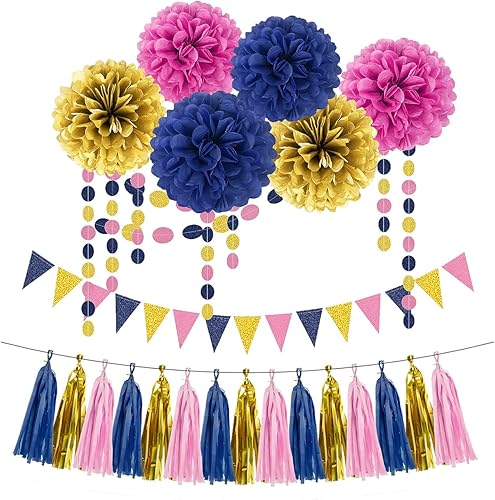 Decoraciones de fiesta doradas, azul marino, rosa, 23 piezas de papel de seda, pompones, guirnalda de borlas, banderines, banderines, banderines,