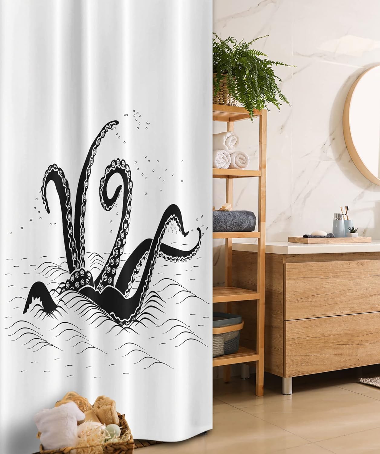 Ambesonne Octopus Shower Curtain, Mythological Kraken Octopus Tentacles Monster in The Sea Illustration Nautical, Cloth Fabric Bathroom Decor Set with Hooks, 69" W x 70" L, Black White